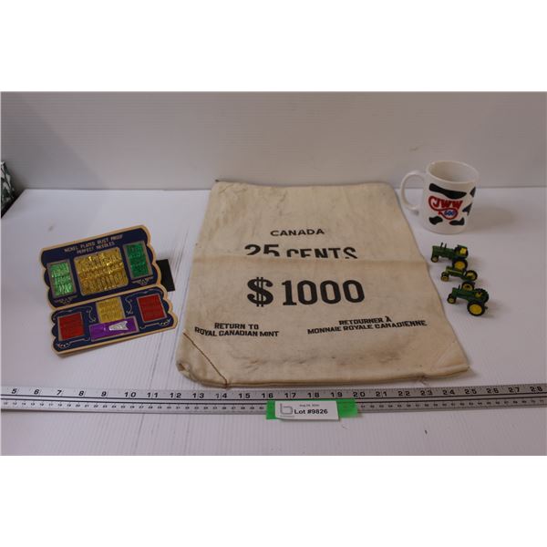 (3) Miniature John Deere Tractors & 25 Cent Banker Bag & Vintage Sewing Kit & CJWW Mug