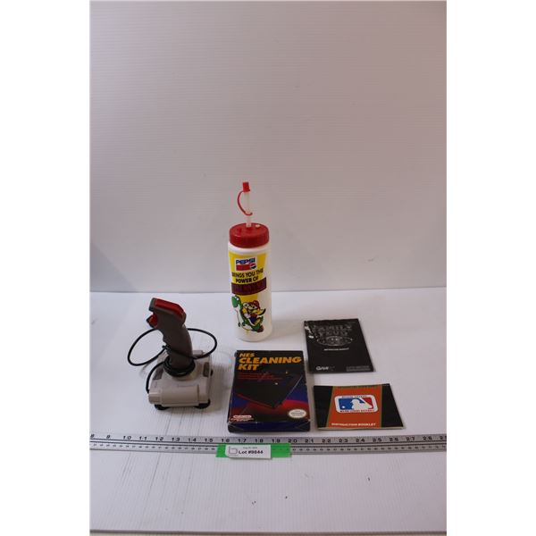 Nintendo NES Cleaning Kit, Nintendo Super Mario Water Bottle, Joy Stick, Manuals (Family Feud & MLB)
