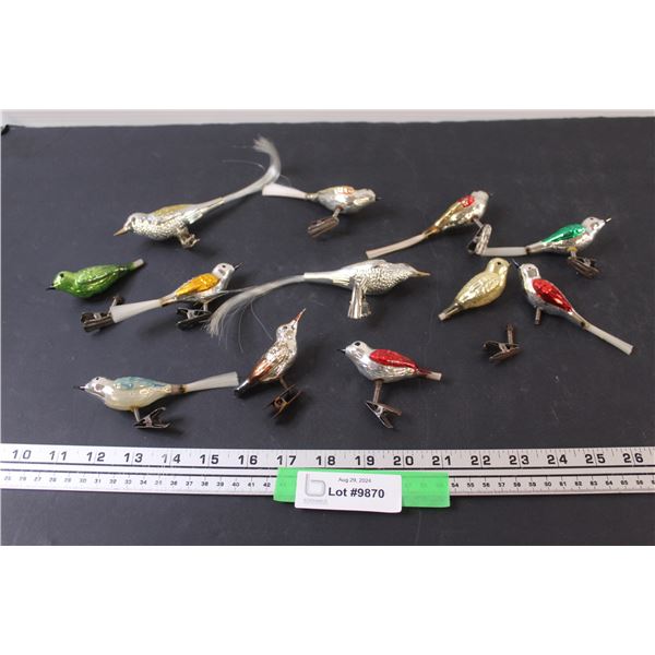 (12) Vintage Bird Christmas Tree Ornaments w/Clips, Some Wear