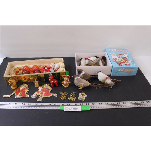 (2) Vintage Christmas Decorations: Birds, Faux Stained Glass, Wood, Misc.