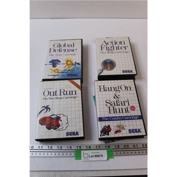 (4) Sega Video Games: Out Run, Global Defense, Action Fighter, Hangon & Safari Hunt