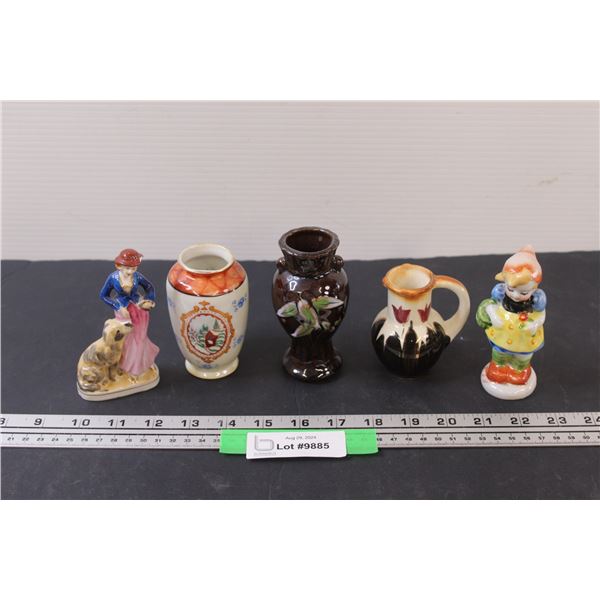 (3) Miniature Hand Painted Vases & (2) 3.5" Figurines - Made in Occupied Japan (Ladies Hat Has Chip,