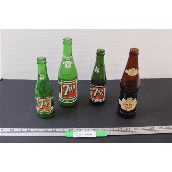 (4) Vintage Glass Pop Bottles: 7Up & Ginger Beer
