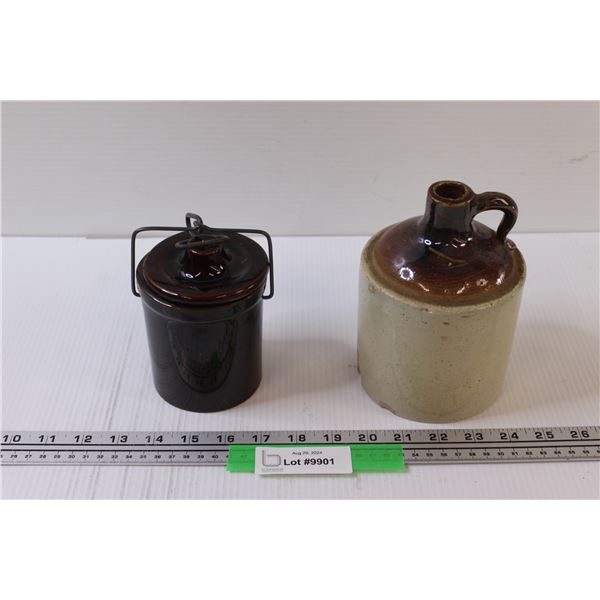 Pickling Crock Jar - 4" Tall & Crock Jug - 6" Tall (Has Some Wear, Chips)