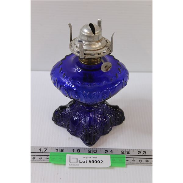 Turn of The Century "Queen Mary, Princess Feather" Blue Glass Kerosene Lamp - 7" Tall - No Shade