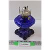 Turn of The Century "Queen Mary, Princess Feather" Blue Glass Kerosene Lamp - 7" Tall - No Shade