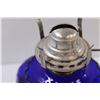 Image 2 : Turn of The Century "Queen Mary, Princess Feather" Blue Glass Kerosene Lamp - 7" Tall - No Shade