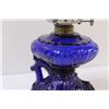 Image 3 : Turn of The Century "Queen Mary, Princess Feather" Blue Glass Kerosene Lamp - 7" Tall - No Shade