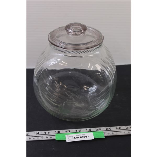 Glass Sugar Container - 8.5  Tall x 8  Wide x 7  Deep - Lid Has Chip