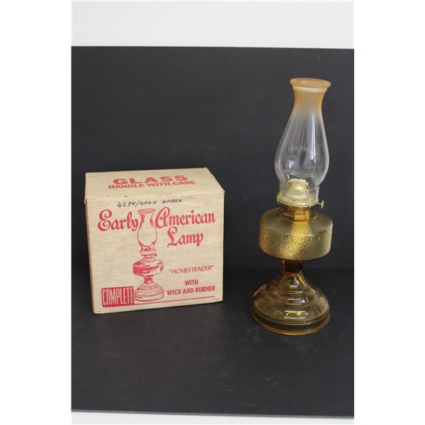 Early American Karosene Lamp - Amber Glass "Homesteader" - in Original Box
