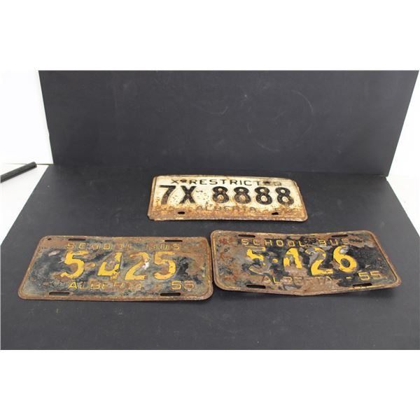 (3) Alberta License Plates - (2) 1955 School Bus Plates and 1963 X-Restricted Plate