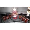 Image 3 : GOLD AND RUBY BAND DECANTER AND SIX SMALL GLASSES, NO STOPPER