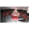 Image 4 : GOLD AND RUBY BAND DECANTER AND SIX SMALL GLASSES, NO STOPPER