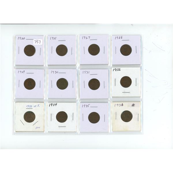 Set of 12 Canadian King George V Small Cents. Dates include 1920, 1921, 1927, 1928 1929, 1930, 1931,