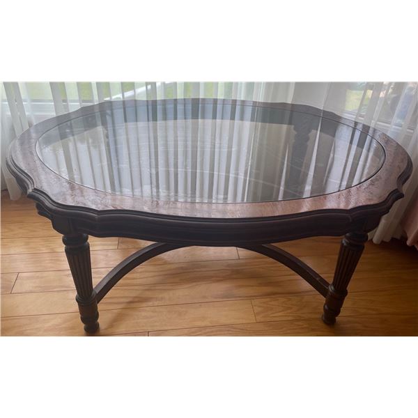 Walnut Coffee Table Oval Oblong 42x31x21 Glass & Wood