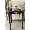 Image 2 : Mahogany End Table 20x21 w/ Assorted Trinkets & Clock & More