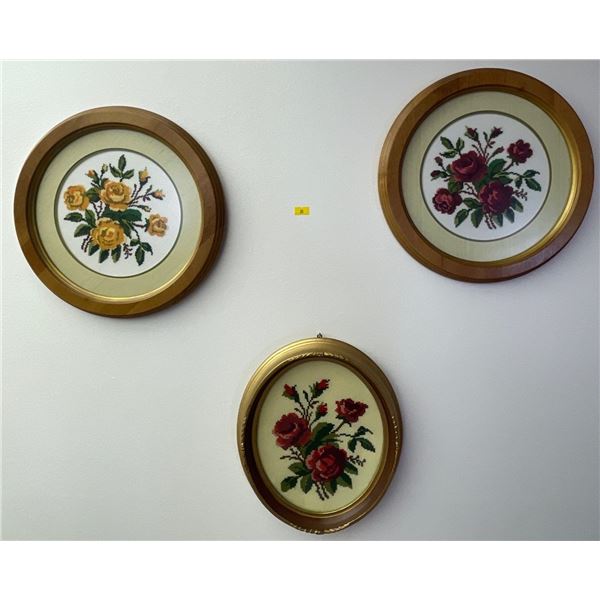 Trio of Vintage Embroidered Wall Art Pictures12x12