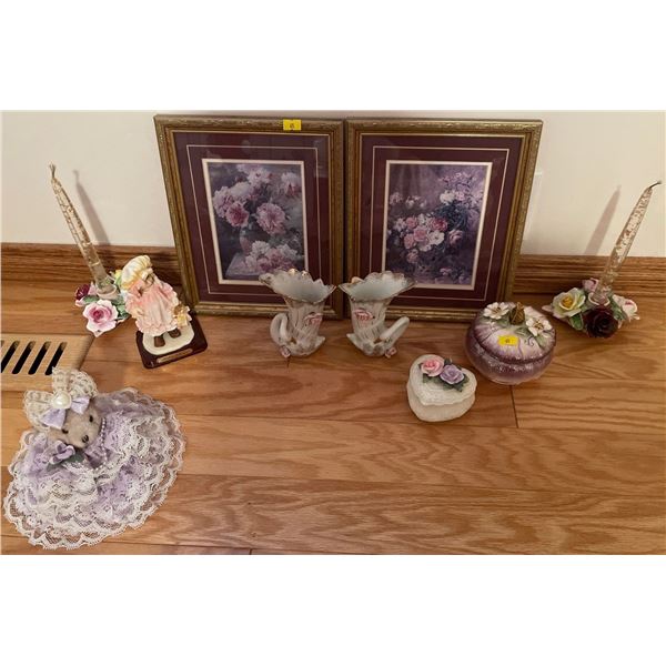 Pair of Framed Floral Wall Hangings Ceramic Decorative Decor Trinket Box & More