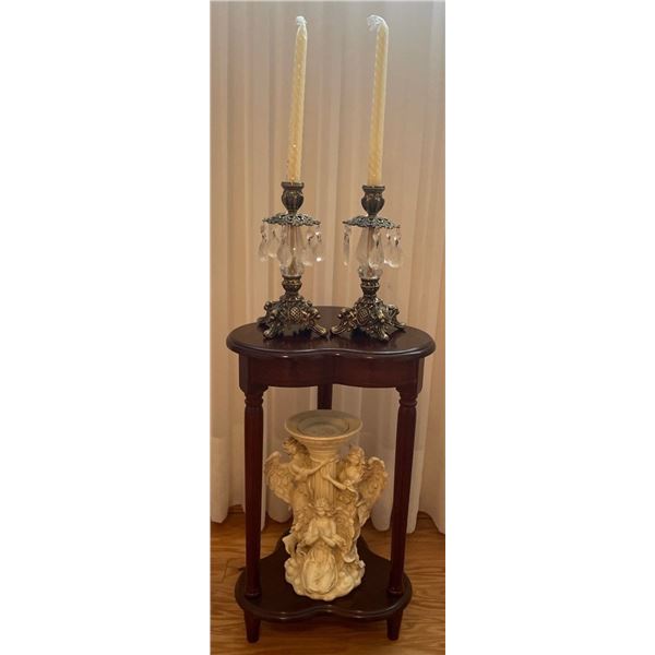 26T Mahogany End Table w/ Vintage Brass Candle Sticks & Decorative Collectable Idol