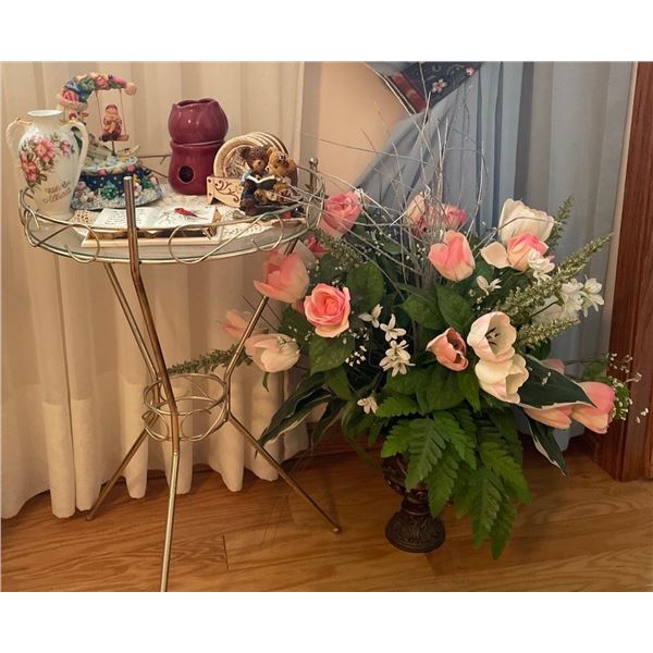 Brass End Table Topped in Decorative Collectables w/ Synthetic House Plant 33T