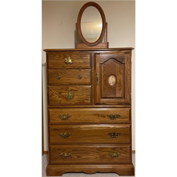 36x17x52 Vintage White Oak Armoire - Dressing Table w/ Adjustable Wood Mirror