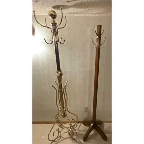7 Foot Brass Coat Tree & 6 Foot Wood w/ Brass Accents Coat Tree