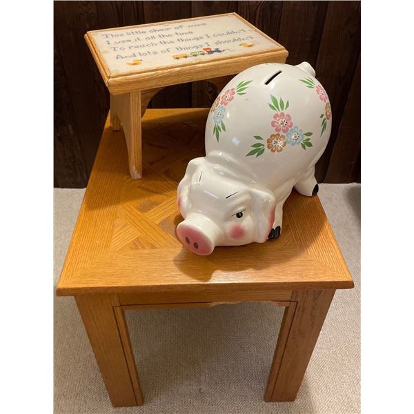 22x18x25 End Table w/ Cute Step Stool For Children & Large Ceramic Piggy Bank