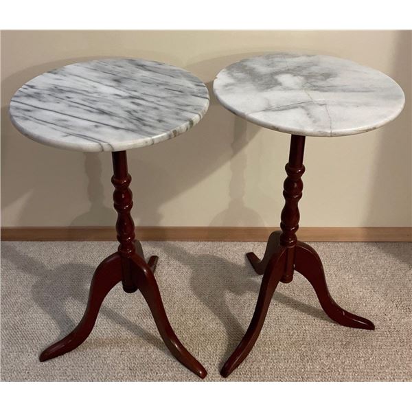 26 T Pair of Marble Top Mahogany Wood Bottom End Tables