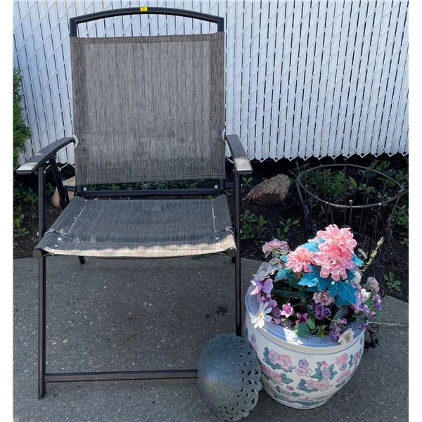 Foldable Lawn Chair w/ Ceramic Planter & Plant Stand