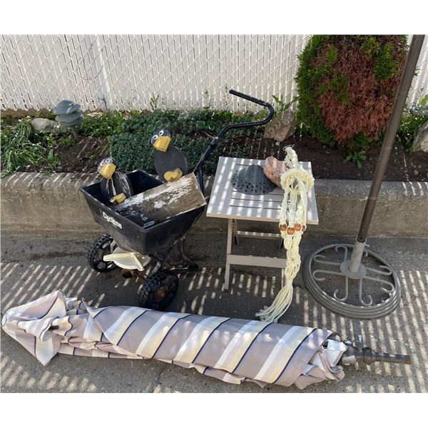 Outdoor Entertaining Essentials Umbrella w/ Stand Cyclone Macrame Plant Hanger & More