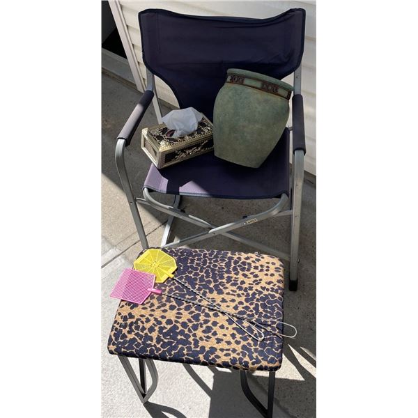 Navy Blue Lawn Chair Clay Planter Animal Print Foot Rest & More