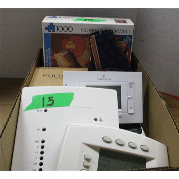 BOX C/W PUZZLES, ALARM UNIT, ETC
