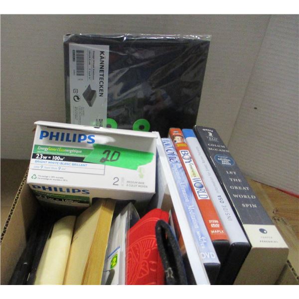 BOX C/W BOOKS, LIGHT BULBS, ETC