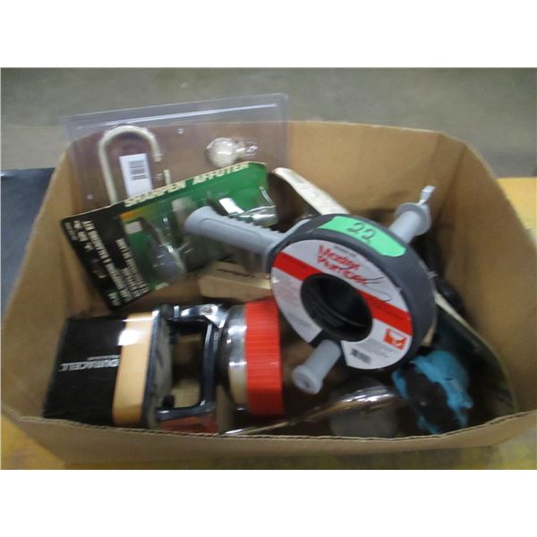 BOX C/W TOOLS, PLUMBING SNAKE, DRILL, ETC