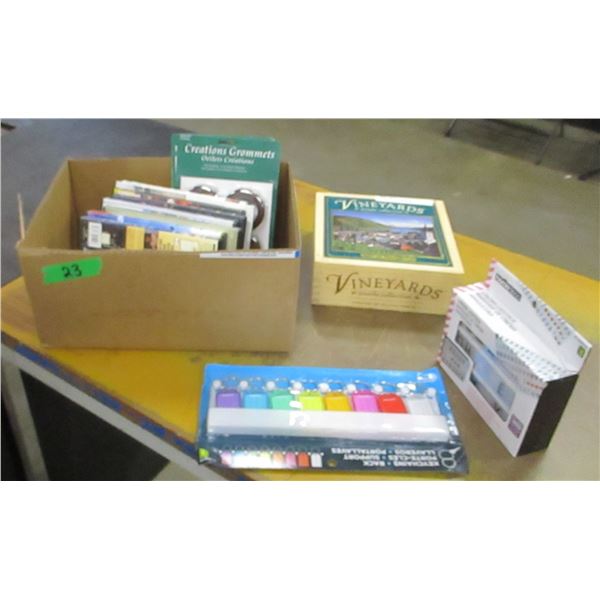 BOX C/W DVD'S, CURTAIN ACCESSORIES, LIGHT, ETC