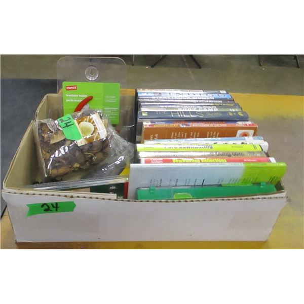 BOX C/W DVD'S, ASSORTED TOOLS, ETC