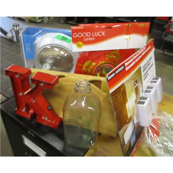 BOX C/W LIFHT FIXTURE, GOOD LUCK LANTERN, WALL SHELF, MESSAGE HOLDER, ETC