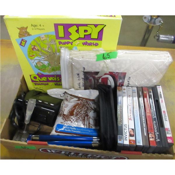 TABLE CLOTH (60" X 102"), DVD'S, TRIPOD, RADIO, ETC
