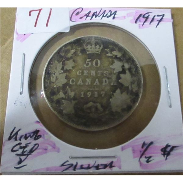 1917 CANADA KING GEORGE V SILVER HALF DOLLAR