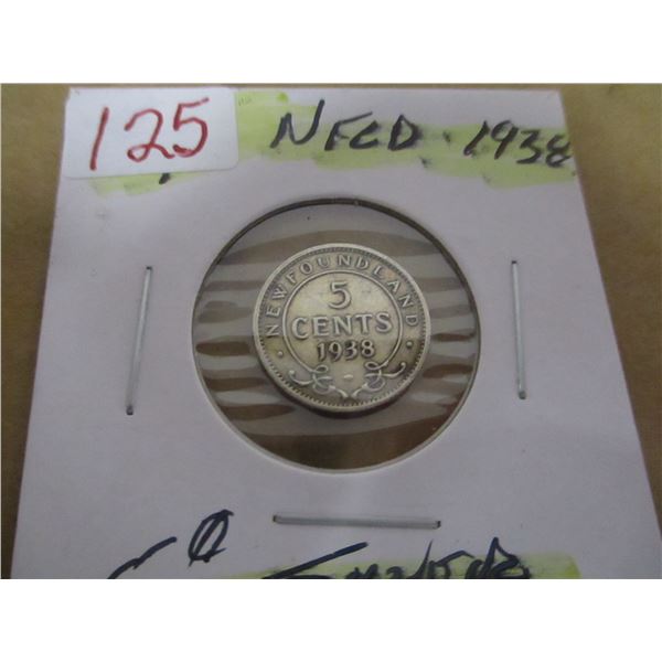 1938 NEWFOUNDLAND SILVER FIVE CENT COIN