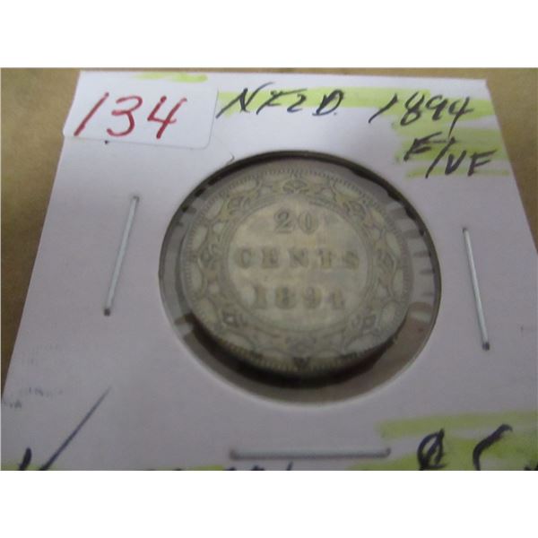 1894 F/VF NEWFOUNDLAND VICTORIAN SILVER 20 CENT COIN