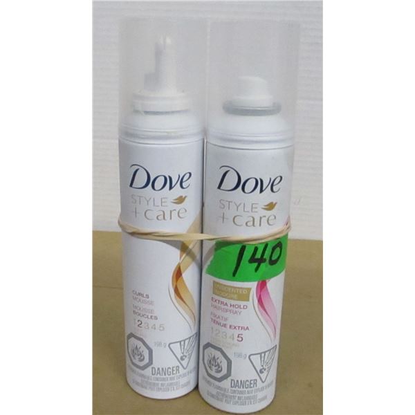 SHELF PULLS (AS IS):  DOVE MOUSSE CURLS & DOVE EXTRA HOLD HAIR SPRAY - 2 BOTTLES