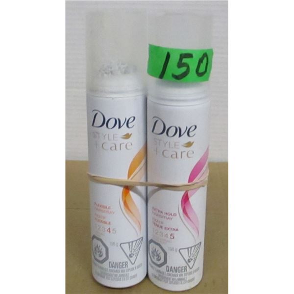 SHELF PULLS (AS IS):  DOVE FLEXIBLE HAIRSPRAY & DOVE EXTRA HOLD HAIR SPRAY - 2 BOTTLES