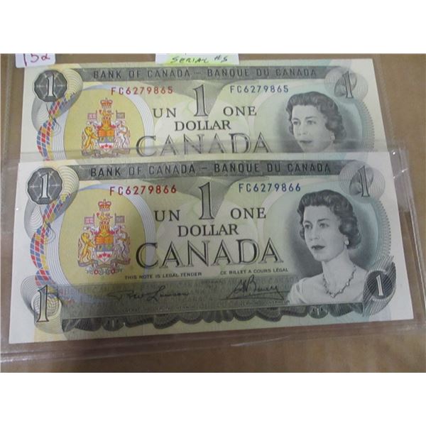 1973 UNCIRCULATED CANADA $1 BILLS WITH SEQUENTIAL SERIAL NUMBERS
