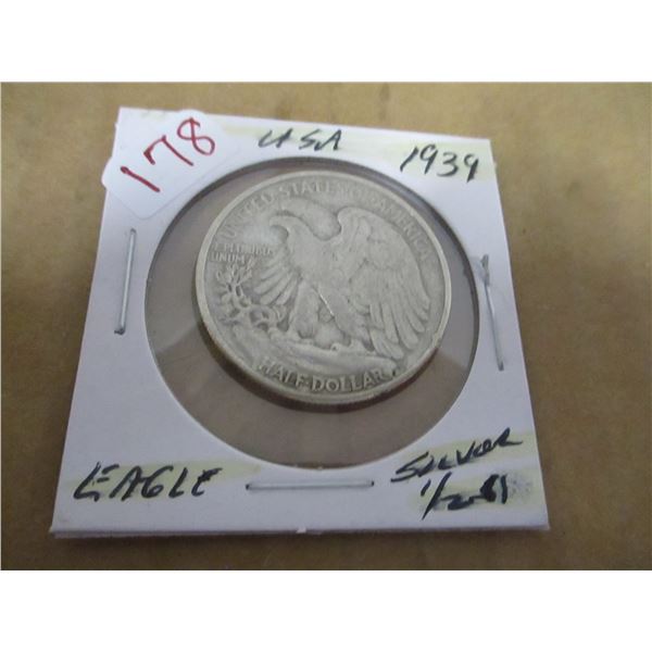 1939 USA WALKING LIBERTY EAGLE SILVER HALF DOLLAR