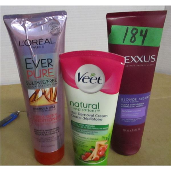 SHELF PULLS (AS IS):  2 CONDITIONER & 1 HAIR REMOVAL LOTION