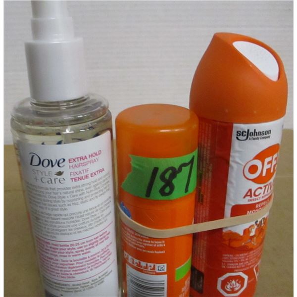 SHELF PULLS (AS IS):  OFF BUG SPRAY, DOVE HAIR SPRAY & GILLETTE CREAM