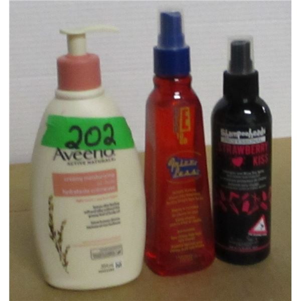 SHELF PULLS (AS IS):  DETANGLER SPRAY, SKIN LOTION & FRIZ LESS SPRAY