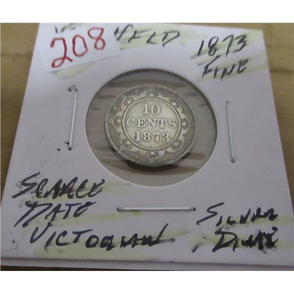 1873 FINE SCARCE DATE NEWFOUNDLAND VICTORIAN SILVER DIME