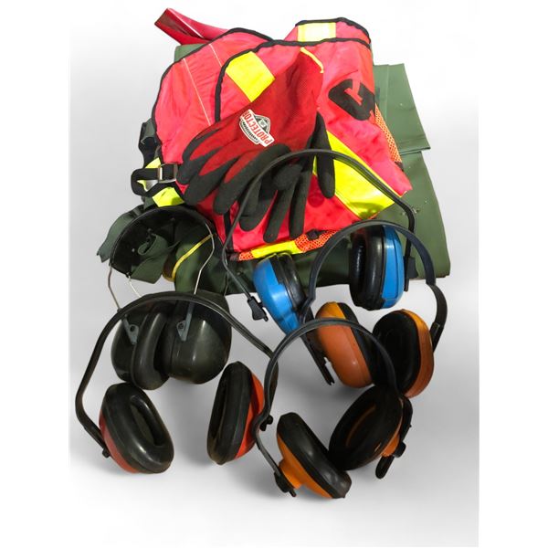 Group of assorted safety gear - gloves/ headphones/ vests/ overalls etc.